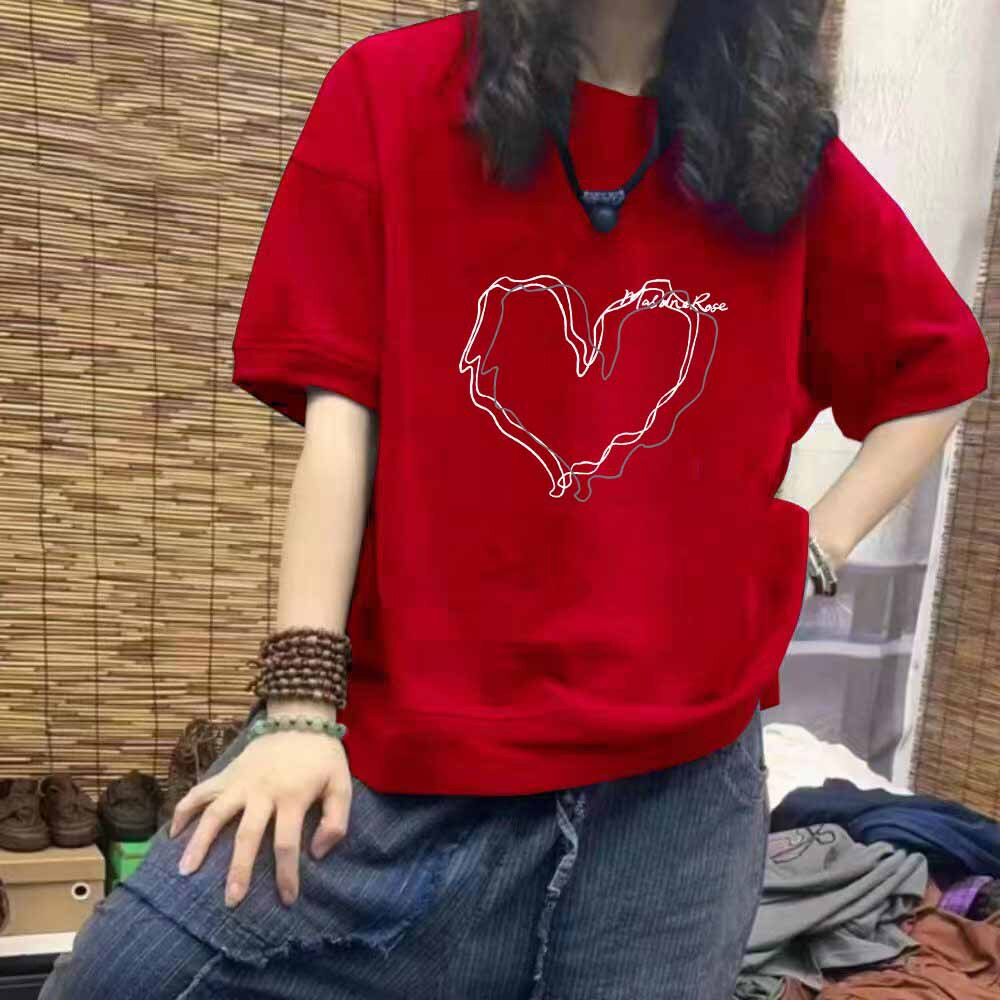 新年喜庆红色纯棉新款短袖T恤宽松圆领上衣女韩版百搭龙年本命年