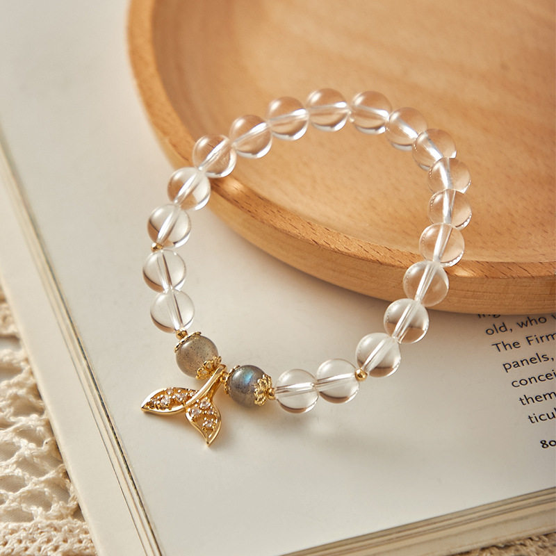 鲸落手串天然白水晶手链简约灰月光石珠子串珠鱼尾diy首饰送女友