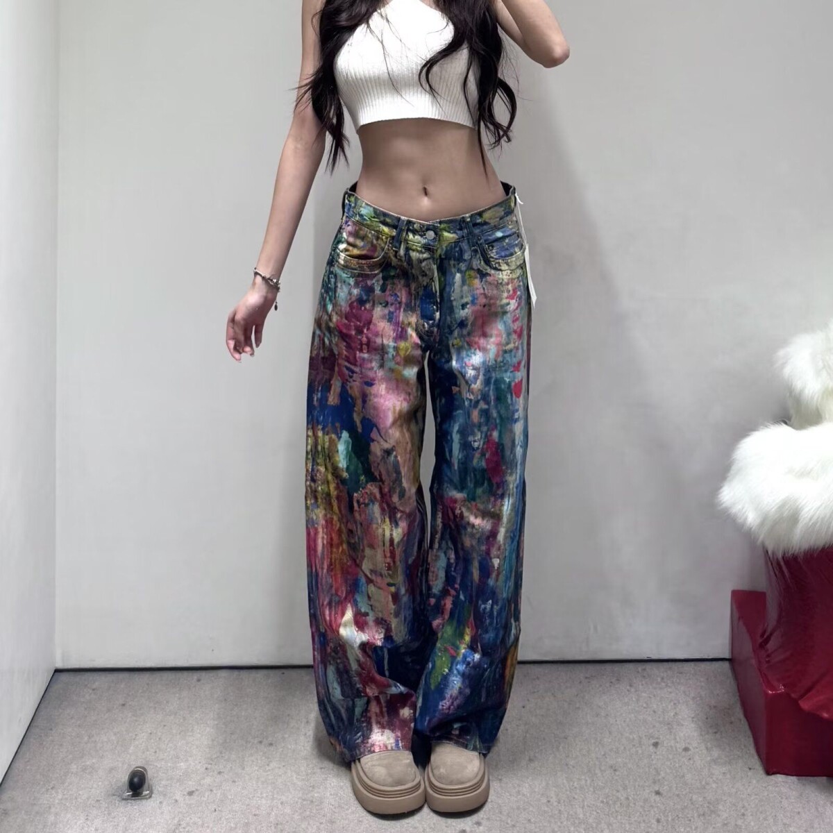 美式复古彩色印花泼墨调色盘牛仔裤女新款街头设计感涂鸦个性长裤