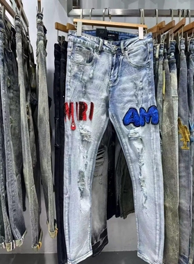 夏季网红同款红蓝buff亮片AM破洞牛仔裤男女百搭修身小脚裤长裤潮