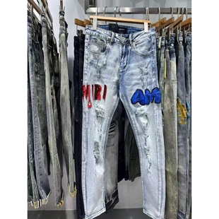 网红同款 长裤 红蓝buff亮片AM破洞牛仔裤 小脚裤 潮 男女百搭修身 夏季