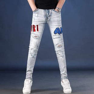 网红同款 长裤 红蓝buff亮片AM破洞牛仔裤 小脚裤 潮 男女百搭修身 夏季