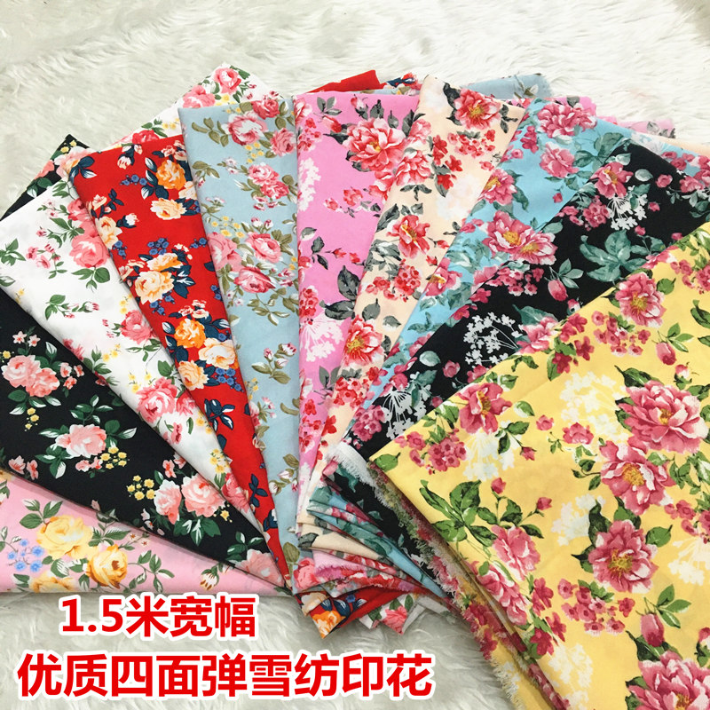 四面弹雪纺花卉印花 夏季田园风连衣裙衬衫时装碎花弹力顺垂布料