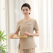 艾灸SPA米黄色修身 美容服绣LOGO技师服印字工服皮肤管理工衣 韩式