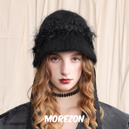 MOREZON【black imagine6】秋冬潮人褶皱小香风织带羊驼毛盆帽子