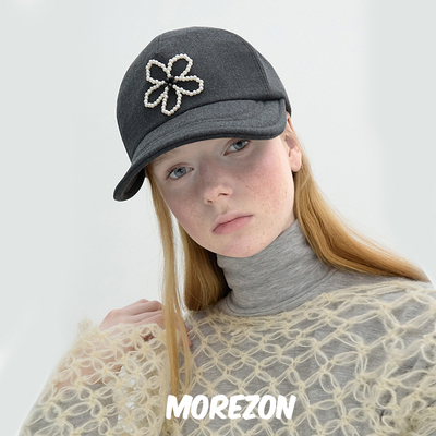 MOREZON【Brown hat Fleur Cap】秋冬潮人珍珠花朵羊毛棒球帽子女