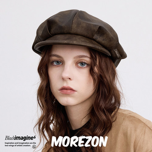 MOREZON【black imagine6】24秋冬新款复古做旧肌理晕染皮报童帽