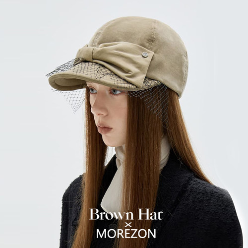 MOREZON【Brown hat Peached Lace Ribbon Cap】26秋冬网纱棒球帽