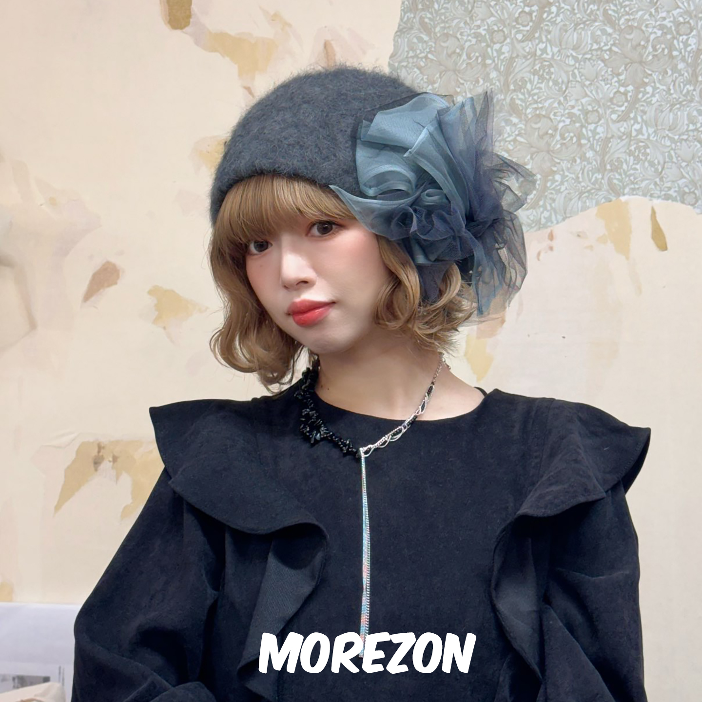 MOREZON【CIRQUTURE reve】日本25AW秋冬新款网纱蝴蝶结毛线帽女
