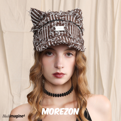 MOREZON【black imagine6】秋冬潮人猫耳朵条纹做旧拉链棒球帽子
