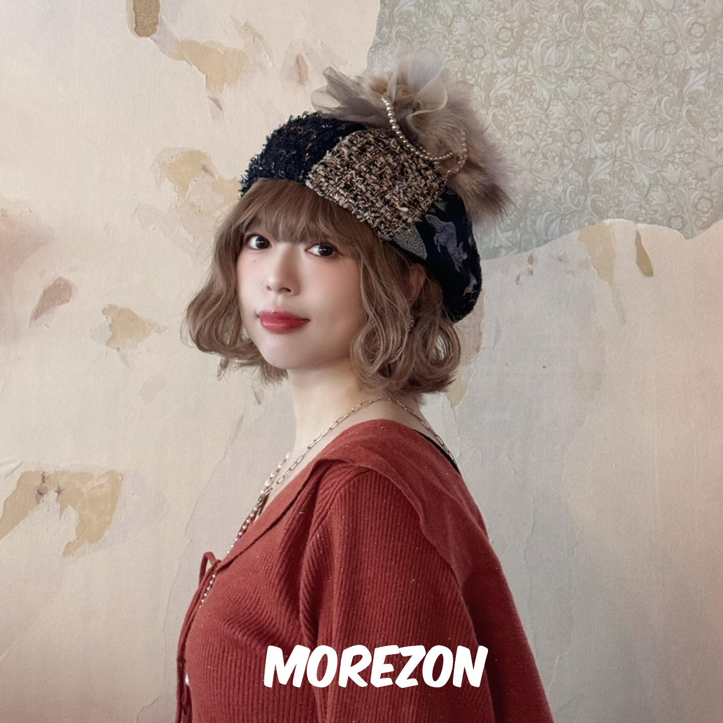 MOREZON【CIRQUTURE Moonshadow】日本25秋冬毛球珍珠拼接贝雷帽