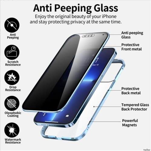适用iphone13 14 15 pro max anti-spy glass case iphone11 12 13mini 14/15plus magnetic cover双面玻璃壳