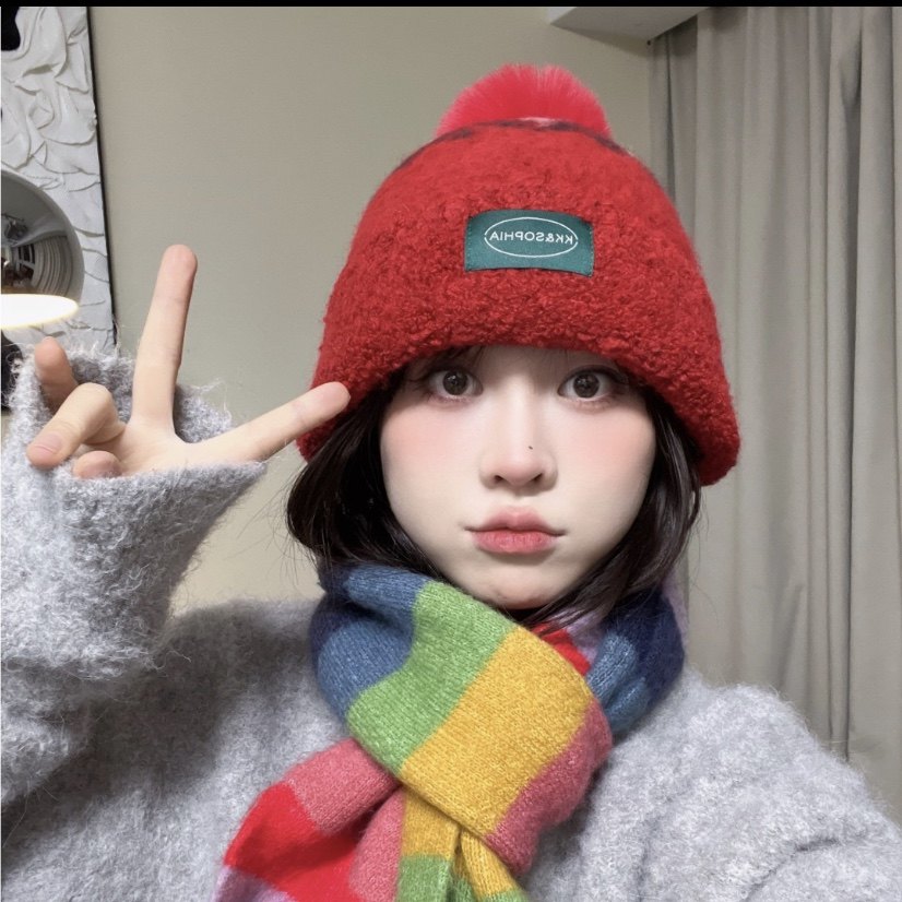 秋冬氛围感圣诞毛线帽子女休闲百搭甜美韩版包头帽毛球保暖毛绒帽