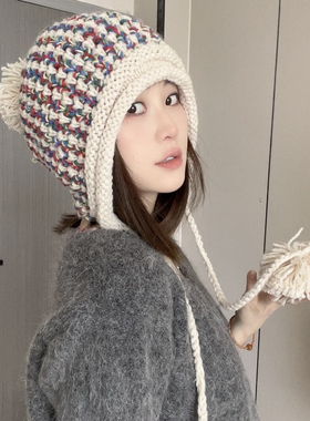 秋冬保暖护耳彩色毛线针织帽子女大毛线球绑带雷锋帽甜美可爱时尚