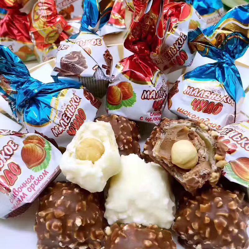 俄罗斯奶罐巧克力糖500g袋装榛仁夹心椰子味奶油味高端喜糖果零食