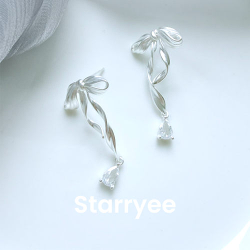 Starryee蝴蝶结水滴锆石耳钉女