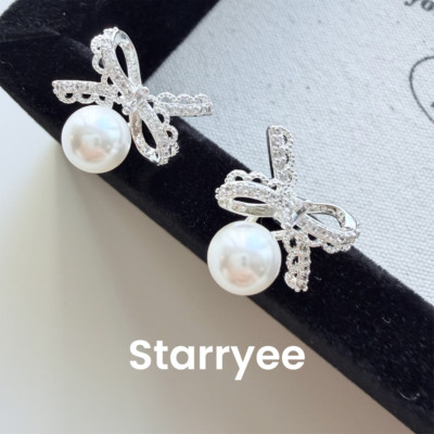 Starryee蕾丝边蝴蝶结珍珠耳钉女