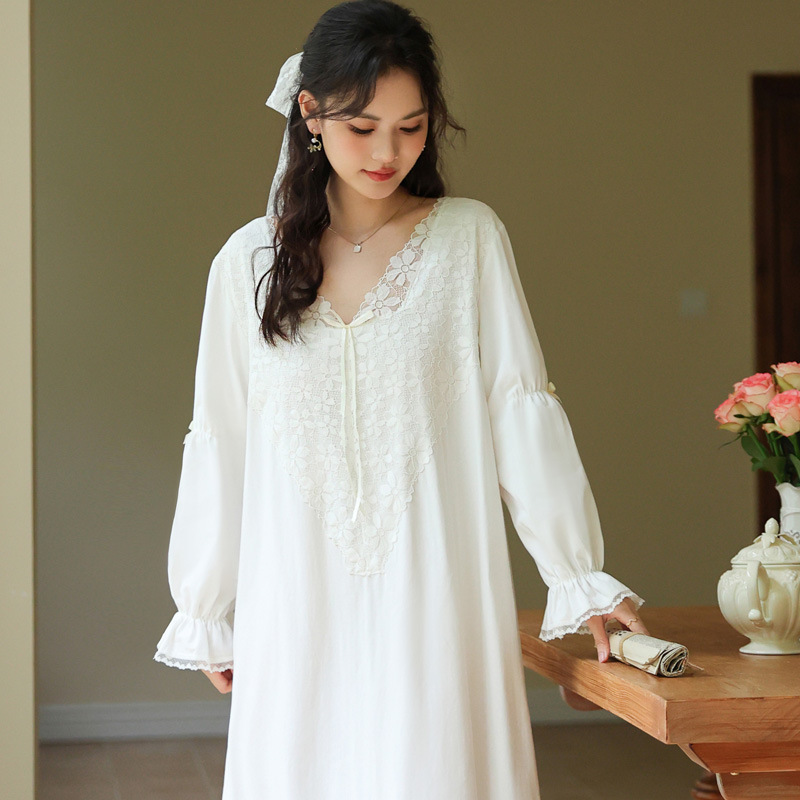 公主长睡裙大码法式白色纯棉宫廷