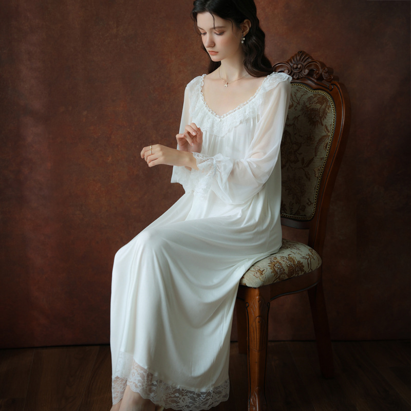 莫代尔棉睡裙女白色公主风蕾丝长袖法式家居长裙合身春秋睡衣粉色