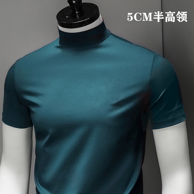 男装夏季半高领短袖T恤纯色高弹力修身中高领半袖打底衫男式体恤