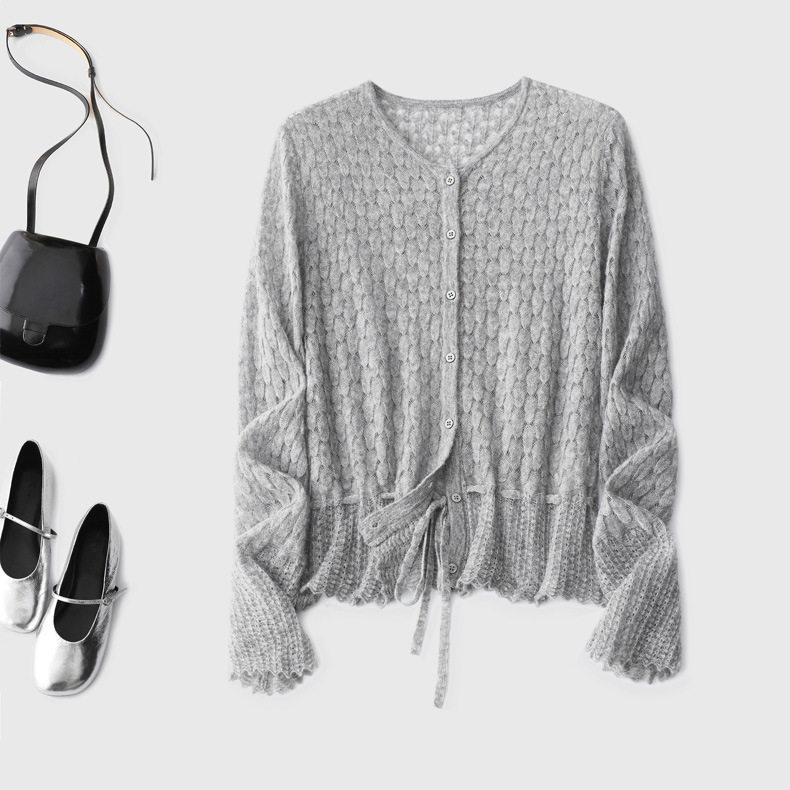 鱼鳞抽绳透视绵羊毛镂空开衫荷叶边下摆遮肉上衣多色高级感针织衫