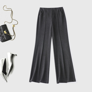 超模裤中缝鱼骨线通勤微喇西裤毛呢高级长裤桑蚕丝羊毛微喇西装裤
