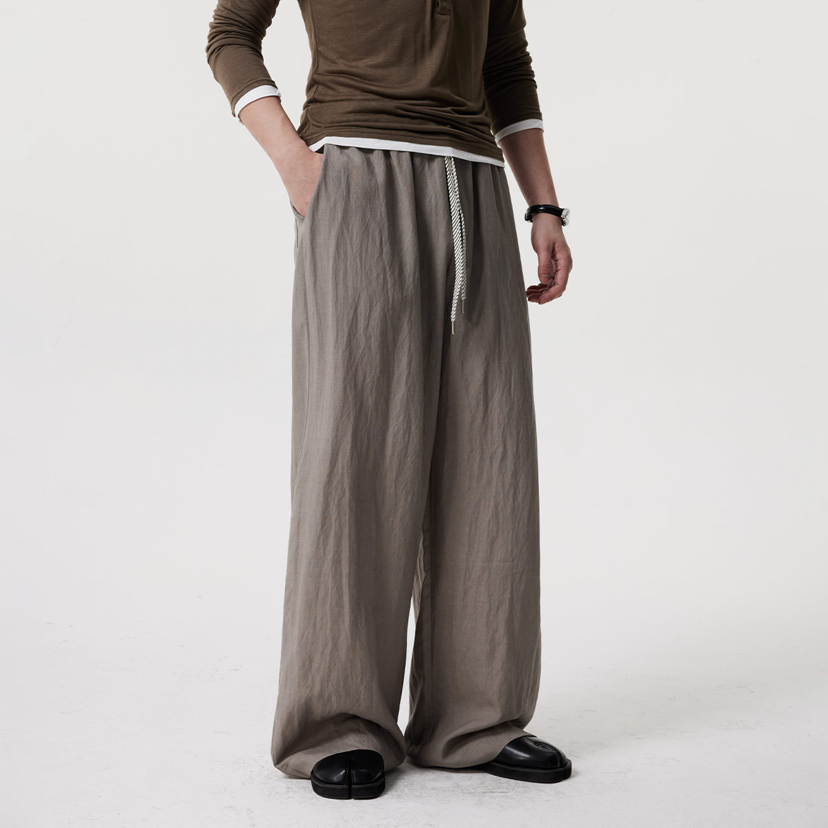 Botanica美式复古慵懒亚麻棕裤子春夏阔腿宽松直筒肌理感休闲裤子