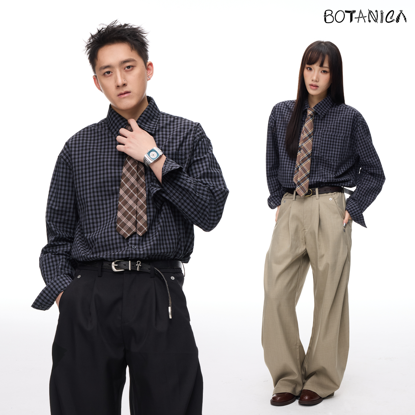 Botanica美式复古蓝紫方格子衬衫衬衣学院松弛慵懒风CLeanfit上衣