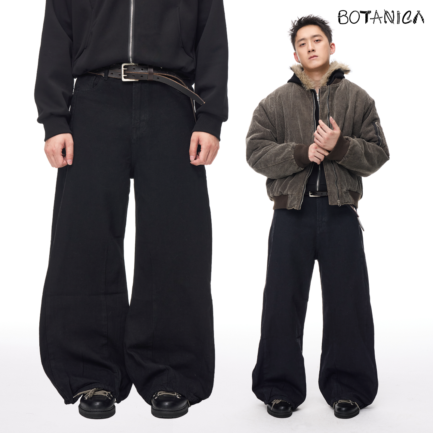 Botanica珠帆布美式高街黑色阔腿微喇工装裤vibe褶皱cleanfit长裤