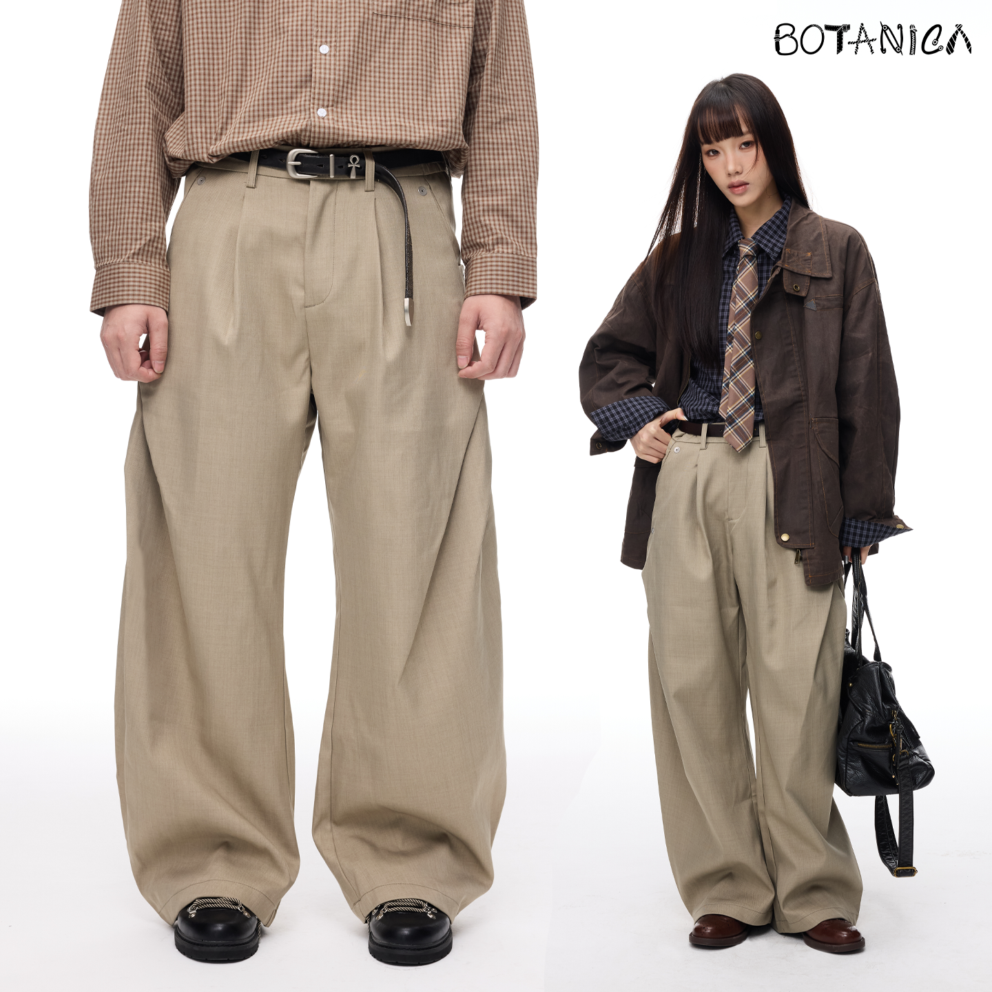 Botanica美式复古双褶皱卡其弯刀西裤秋冬男垂感微弹老钱风休闲裤