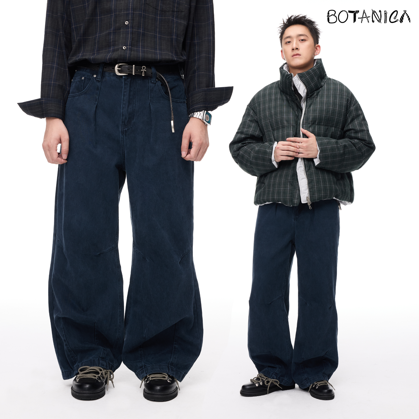 Botanica美式复古宽松直筒工装裤秋冬深蓝藏青色高街vibe褶皱长裤