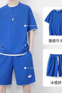 夏季新款青年男士休闲运动套装五分裤潮华夫格套装男大码TZ01-P23图片