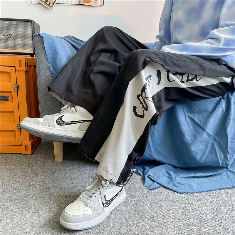 K3077/P28秋装新款中性风宽松阔腿裤抽绳拼接运动长裤休闲裤男,男装休闲裤,星座1703A