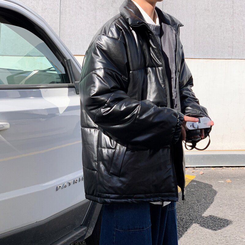 港风大码PU皮棉衣男士宽松休闲皮棉服冬季潮牌连帽棉袄7100-P65,男装棉衣,星座1703A