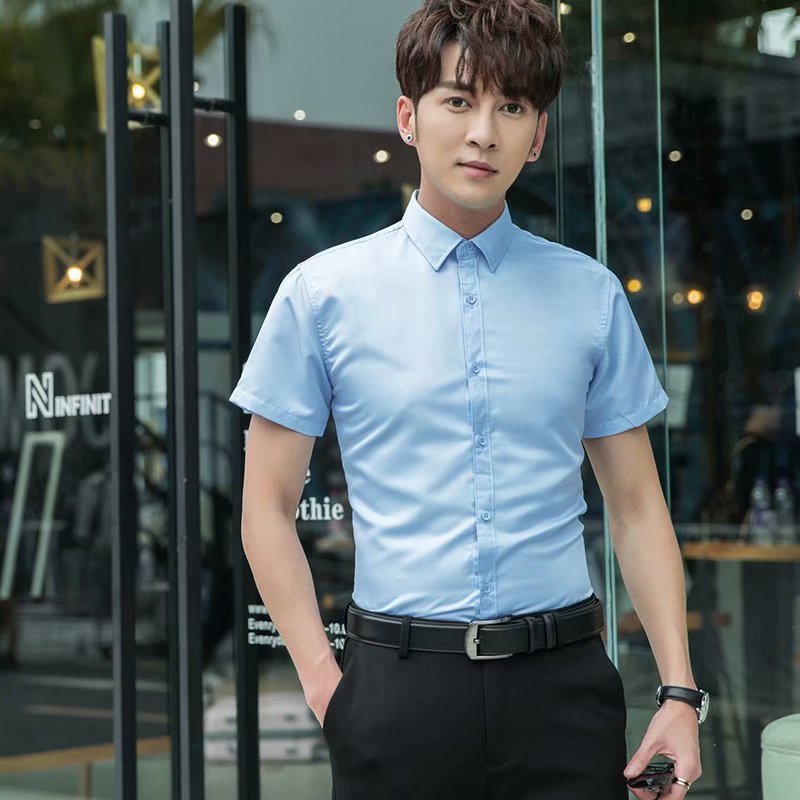 2021夏季大码纯色短袖衬衫男职业上班修身工作寸衣6色M-5XL6450,男装衬衫,星座1703A
