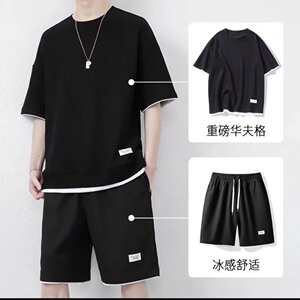 夏季新款青年男士休闲运动套装五分裤潮华夫格套装男大码TZ01-P23