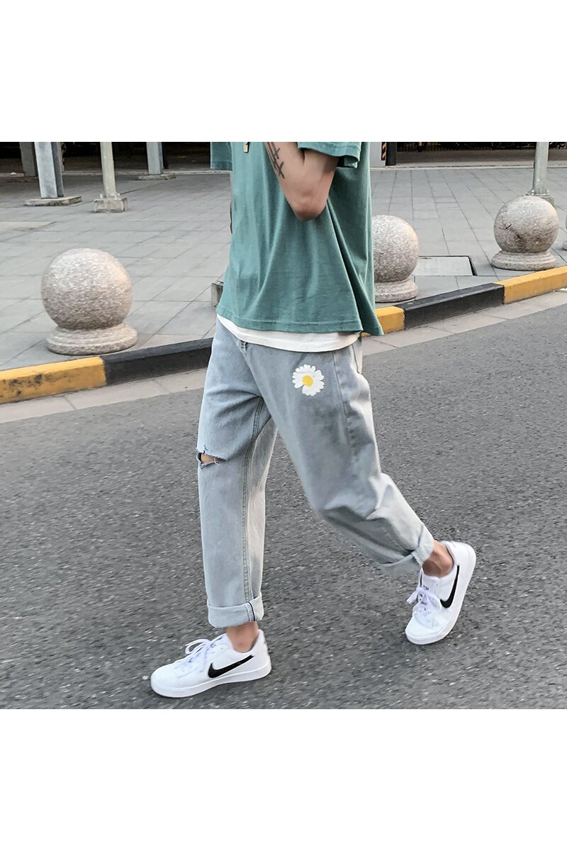 牛仔裤男小雏菊九分痞帅直筒宽松老爹裤阔腿裤子KK99-P35,男装牛仔裤,星座1703A