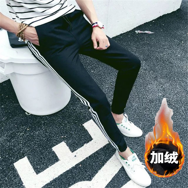 竖条纹三杠加绒休闲裤男青年卫裤加厚保暖运动裤情侣K107加绒-P18，男装休闲裤，星座1703A