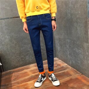 冬季主推款男士加绒加厚牛仔长裤潮黄金绒保暖青年休闲修身牛仔裤图片