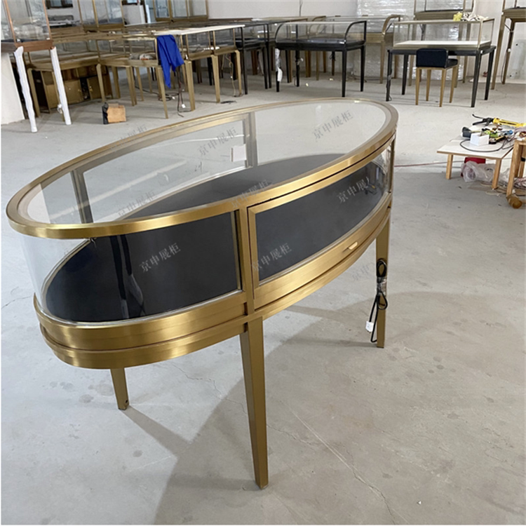 高档椭圆形珠宝柜台首饰展示柜不锈钢中岛柜玉器翡翠包包展柜定做