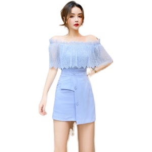 RM18199#夏时尚网红一字领露肩蕾丝上衣+不规则单排扣短裙裤套装A
