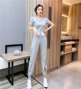 RM18232#夏季时尚网红休闲运动拉链开叉上衣镂空长裤套装