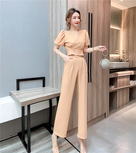 RM18231#夏季时尚气质网红V领短款上衣显瘦长裤套装两件套