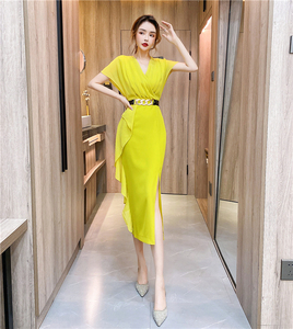 RM18224#夏季新款女神范气质v领荷叶边不对称长裙包臀连衣裙