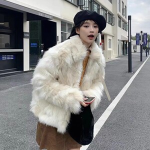 2023新款复古混色辣妹保暖长毛毛宽松上衣加厚环保皮草短款外套女