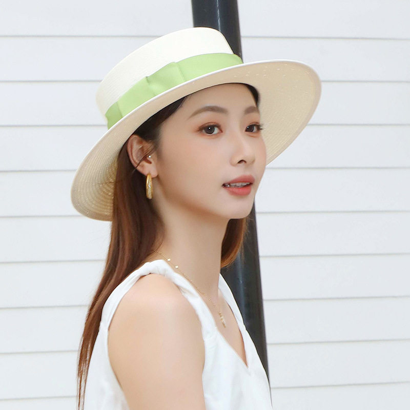 时尚平顶日本纸草帽简约织带蝴蝶结平檐帽子男女遮阳 定型礼帽