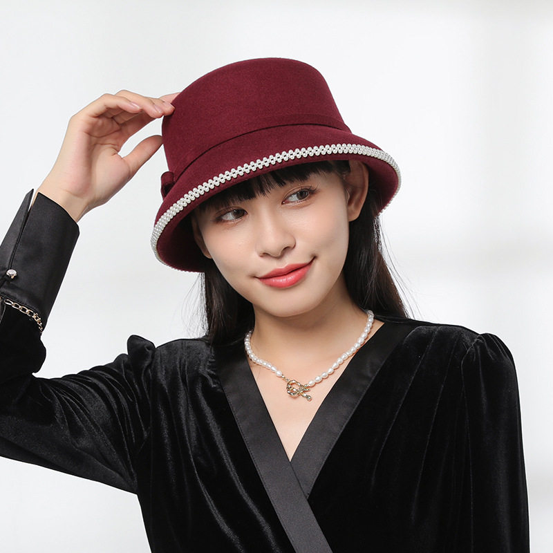 春秋羊毛盆帽2026新品优雅珍珠装饰礼帽女高级时尚毡条蝴蝶结女帽