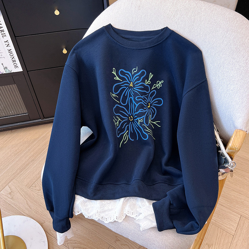 现货  韩系秋款甜美印花订珠宽松休闲显瘦花边拼接假两件卫衣