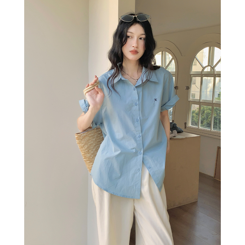 韩版宽松显瘦polo领衬衫女夏季法式独特小上衣短袖衬衫