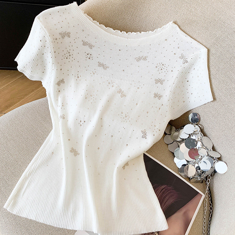 圆领透视内搭外穿针织衫上衣女早春烫钻短袖修身显瘦套头毛衫
